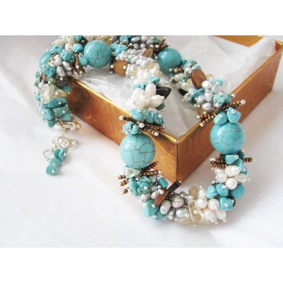 Turquoise Multi-Gemstone Fresh Water Pearl Cluster Wire wrapped Necklace - Picture 3 of 8